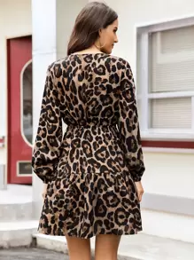 SHEIN LUNE Leopard Print Ruffle Hem Surplice Dress