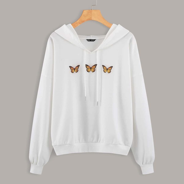 

Drop Shoulder Butterfly Print Drawstring Hoodie, White
