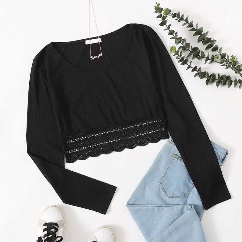 

Lace Hem Crop Tee, Black