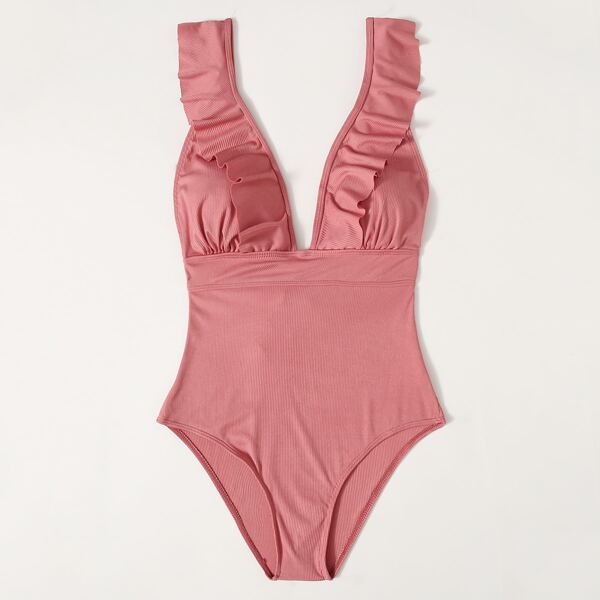

Rib Ruffle Trim One Piece Swimsuit, Pink