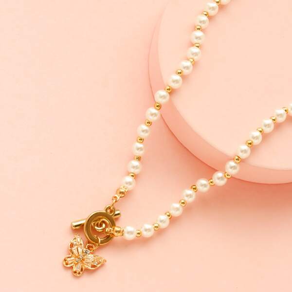 

Butterfly Charm Faux Pearl Decor Necklace, Gold