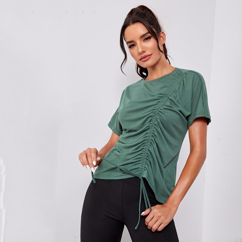 

Solid Drawstring Front Sports Tee, Green