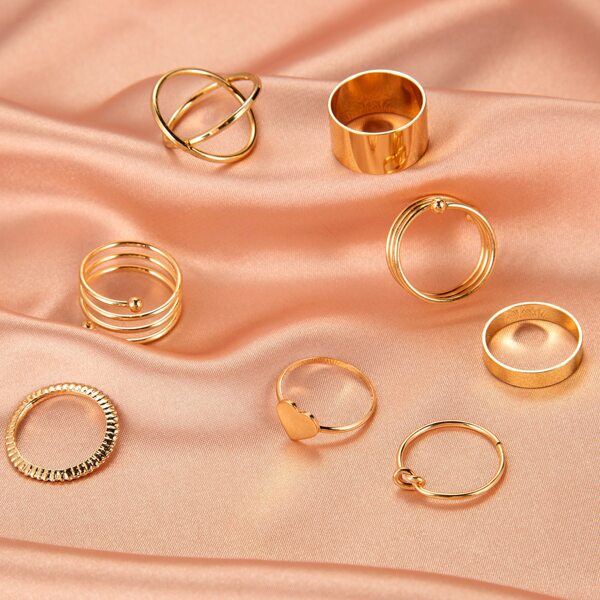 

8pcs Heart Decor Ring, Gold