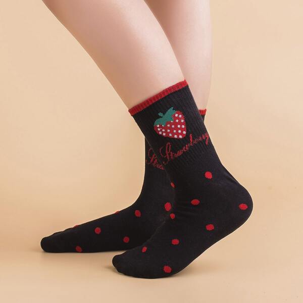 

Girls Strawberry & Polka Dot Pattern Socks, Black