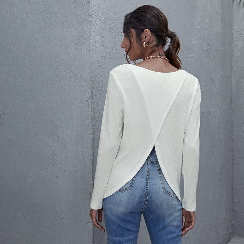 

Overlap Back Rib-knit Solid Tee, White