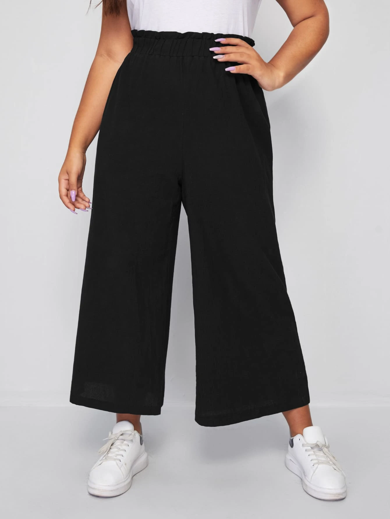 Flirla Plus Paper Bag Waist Wide Leg Trousers - Black - View 1