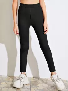 SHEIN Girls Elastic Waist Patch Pocket Solid Leggings - Black - View 1