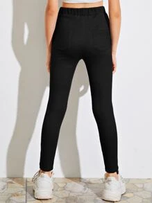 SHEIN Girls Elastic Waist Patch Pocket Solid Leggings - Black - View 2