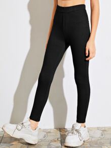 SHEIN Girls Elastic Waist Patch Pocket Solid Leggings - Black - View 4