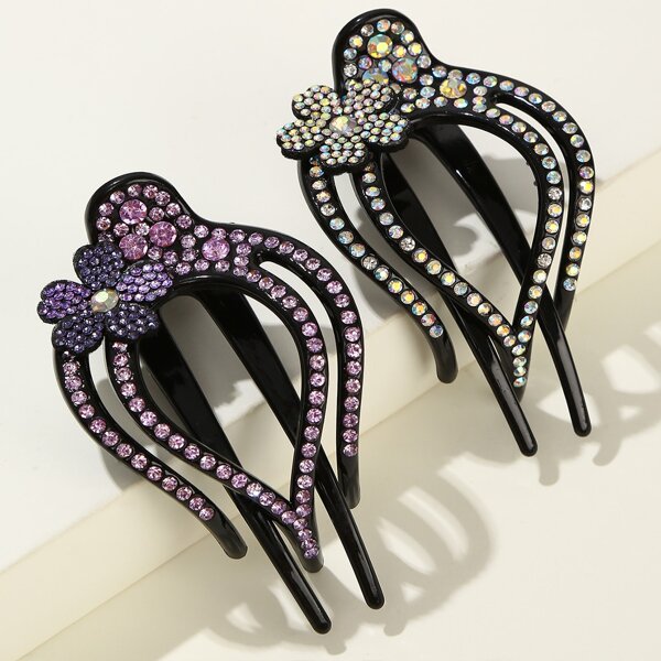 

2pcs Rhinestone Decor Hair Claw, Multicolor