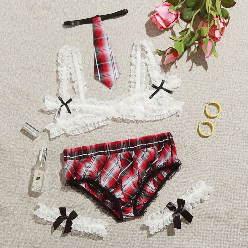 

4pack Tartan Contrast Lace School Costume Set, Multicolor