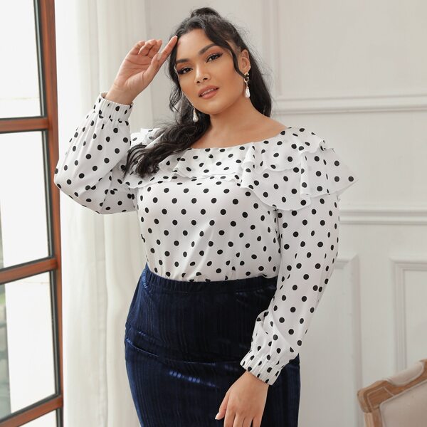 

Plus Polka Dot Layered Ruffle Trim Blouse, White