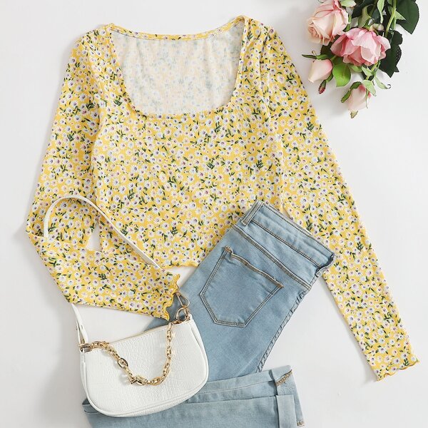 

Square Neck Lettuce Trim Crop Top, Yellow