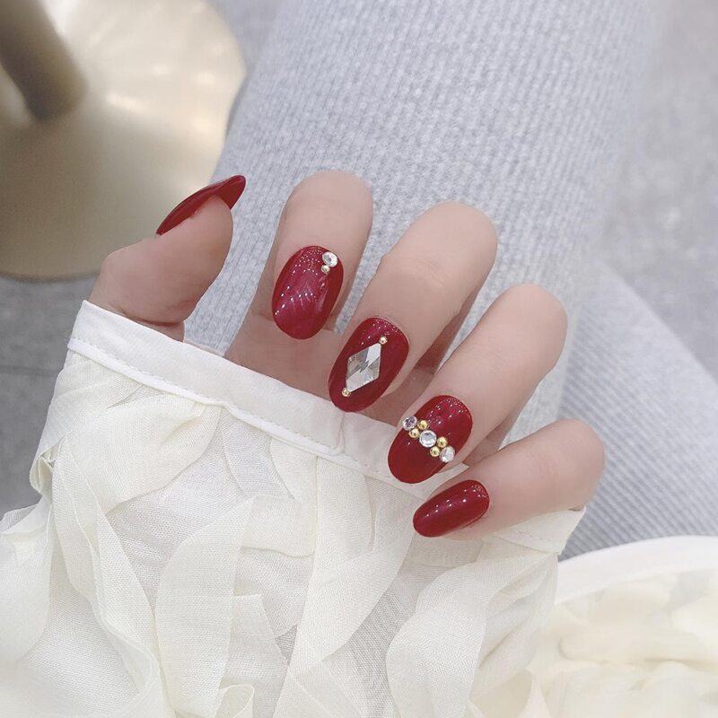 

24pcs Rhinestone Engraved False Nail, Red