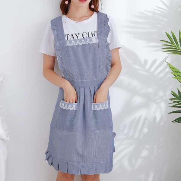 

1pc Ruffle Strap Plaid Apron, Blue