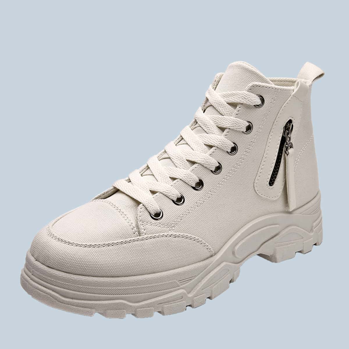 

Guys Zipper Decor Lace-up Front Combat Boots, Beige