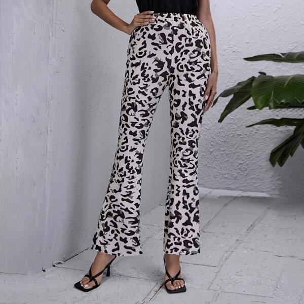 

Elastic Waist Allover Print Flare Leg Pants, Black and white