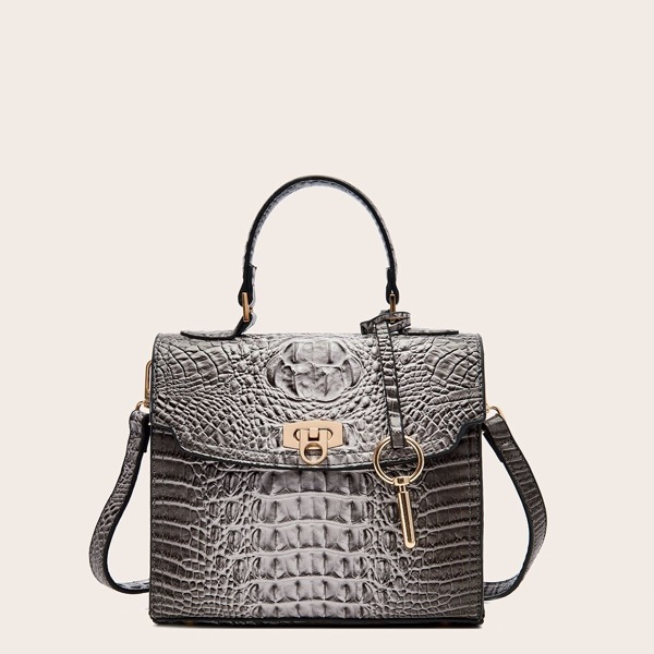 

Croc Embossed Top Handle Satchel Bag, Dark grey