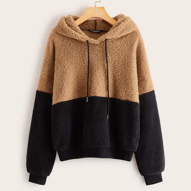 

Colorblock Drawstring Teddy Hoodie, Brown