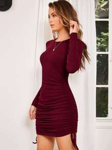 SHEIN Solid Drawstring Ruched Bodycon Dress - Burgundy - View 5
