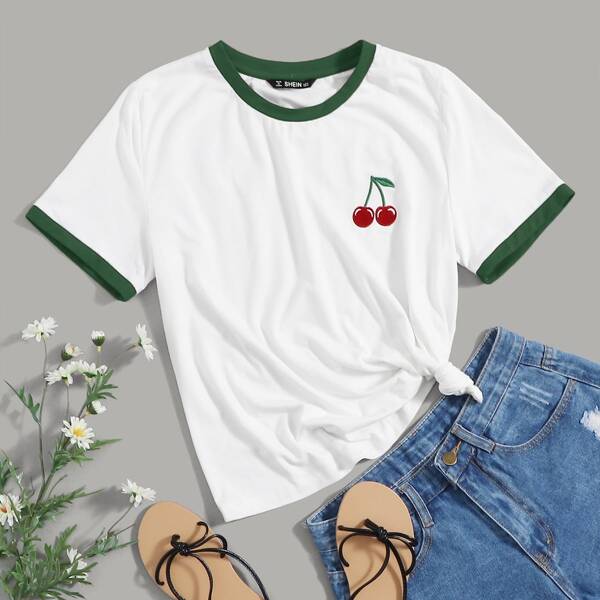 

Embroider Cherry Ringer Tee, White