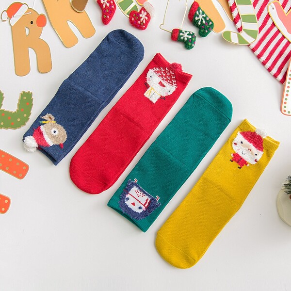 

4pairs Toddler Kids Christmas Cartoon Graphic Socks, Multicolor