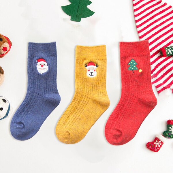 

3pairs Toddler Kids Christmas Embroidered Socks, Multicolor
