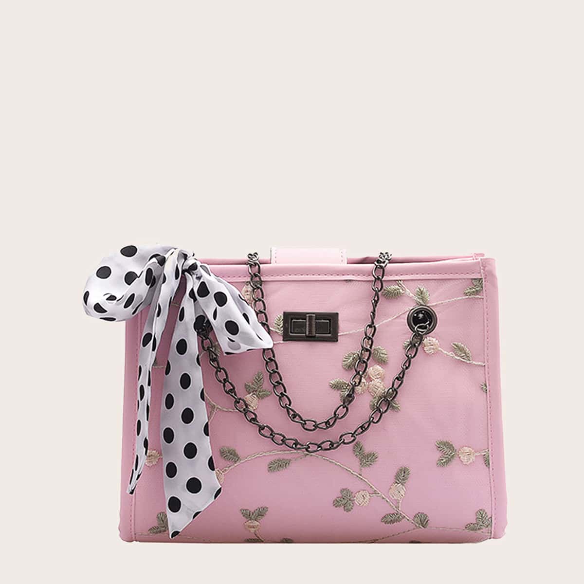 

Twilly Scarf Decor Flower Embroidered Tote Bag, Pink