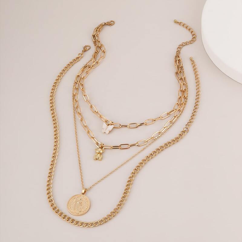 

2pcs Butterfly & Bear Charm Necklace, Gold