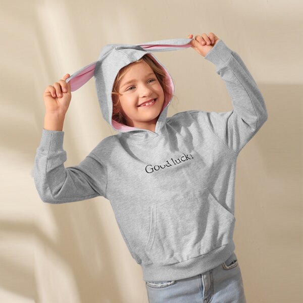 

Girls Slogan Print Rabbit Ear Hooded Sweatshirt, Grey
