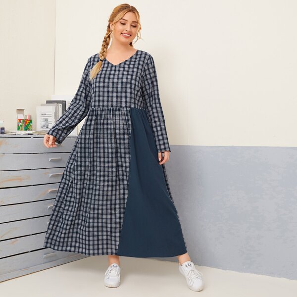 

Plus Plaid V-neck Maxi Babydoll Dress, Navy blue