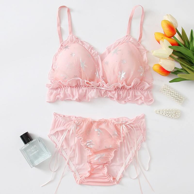 

Snowflake Print Frill Trim Lingerie Set, Baby pink