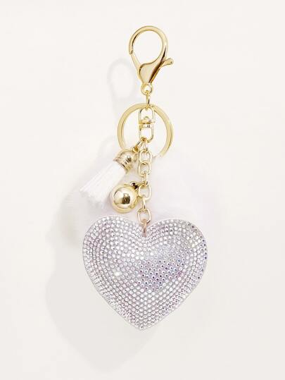 1 قطعة سلسلة مفاتيح قلب مخملية كورية مرصعة بالراين ذات لون أحادي مع الحب وكرة الفرو لعيد الحب، عيد الأم، هدية زفاف، إكسسوارات السيارة، سحر الحقيبة، حقيبة الظهر للمدرسة، هدايا عيد الميلاد الكيوت للأصدقاء والأخوات والمعلمين