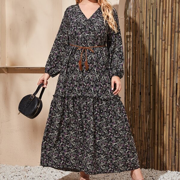

Plus Ditsy Floral Belted Frill Trim Maxi Dress, Black