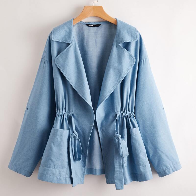 

Notch Collar Drawstring Waist Roll Tab Sleeve Coat, Dusty blue