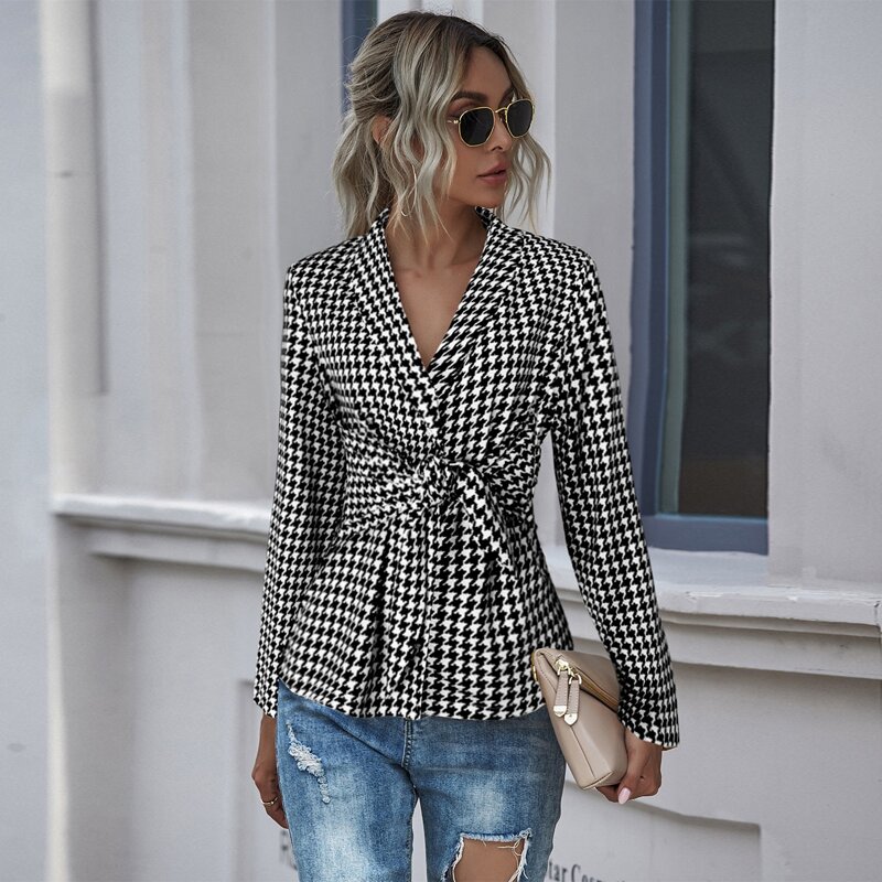 

Houndstooth Print Tie Front Shawl Collar Blazer, Black and white