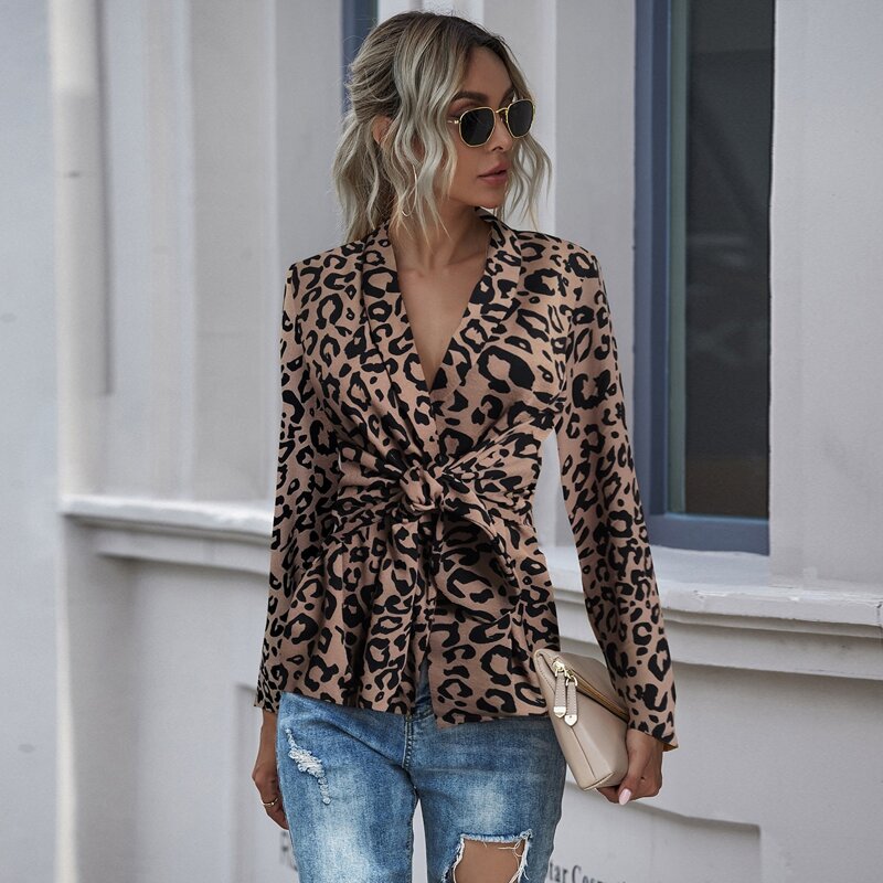 

Leopard Print Tie Front Shawl Collar Blazer, Multicolor