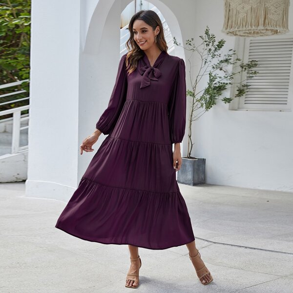 

Tie Neck Ruffle Hem Puff Sleeve Dress, Purple