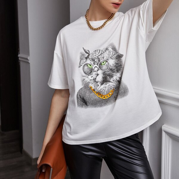 

Drop Shoulder Cat Print Oversized Tee, White