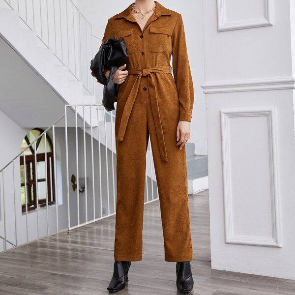 

Flap Pocket Button Front Belted Cord Shirt Jumpsuit, Brown