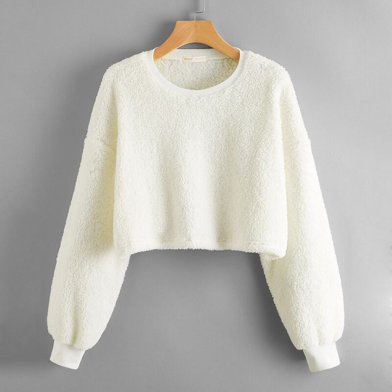 

Solid Crop Teddy Sweatshirt, White