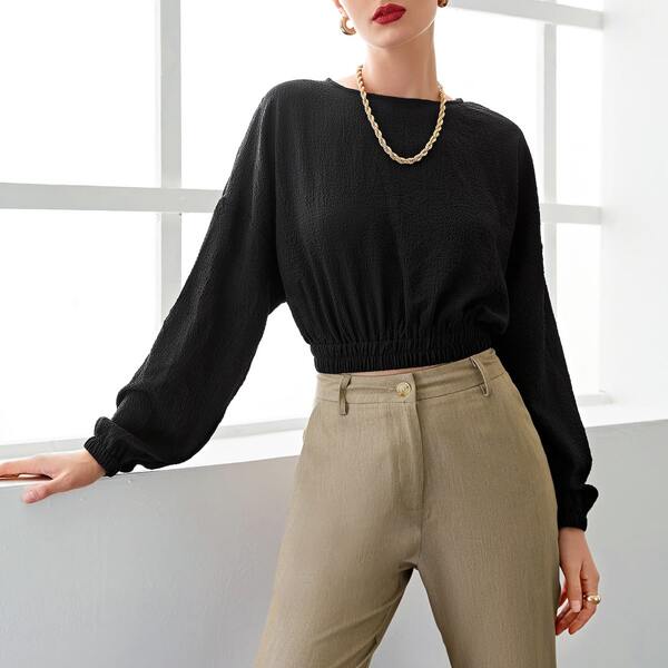 

Drop Shoulder Keyhole Back Oversized Crop Top, Black