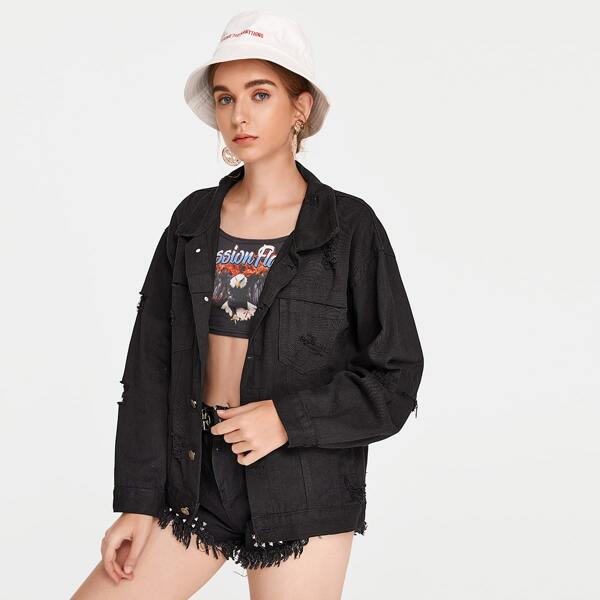 

Ripped Single Breasted Dual Pocket Denim Jacket, Black