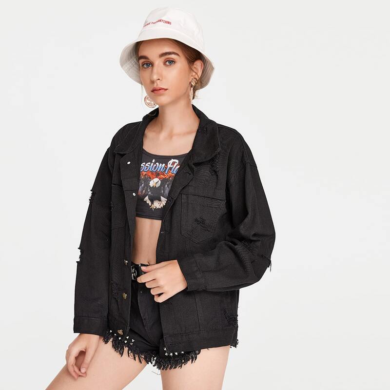 

Ripped Single Breasted Dual Pocket Denim Jacket, Black