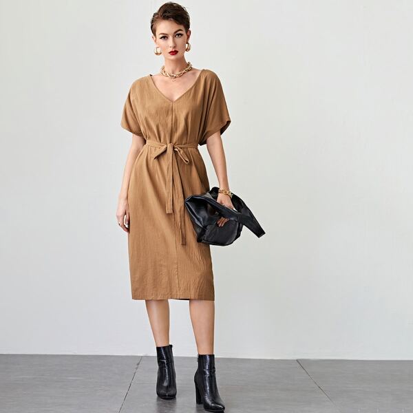 

V Neck Batwing Sleeve Self Belted Dress, Camel
