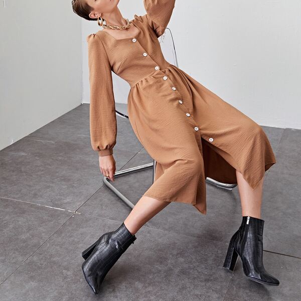 

Lantern Sleeve Button Front Dress, Apricot
