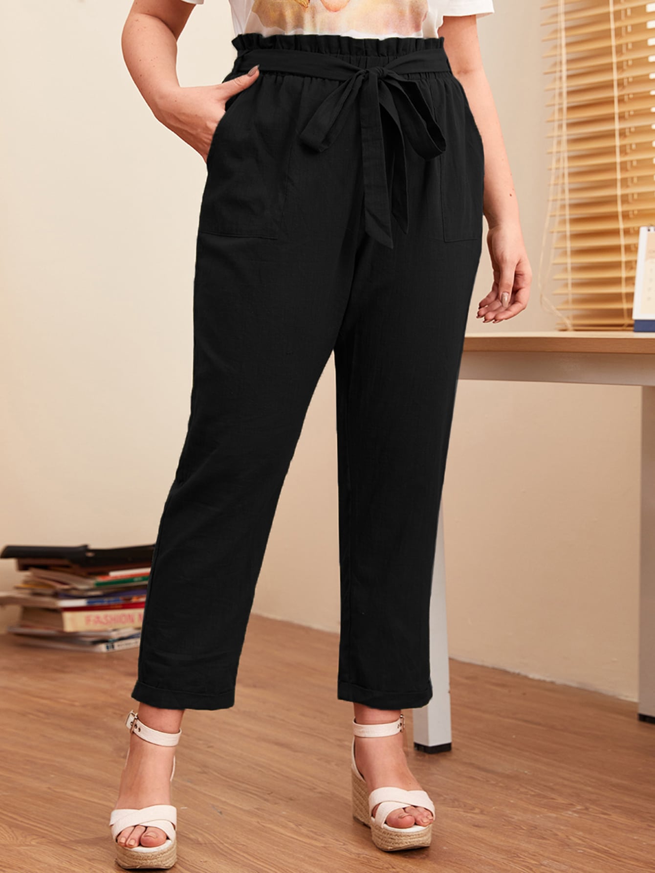Plus Solid Paperbag Waist Belted Pants thumbnail