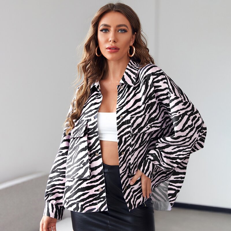 

Zebra Striped Double Flap Pocket Coat, Multicolor