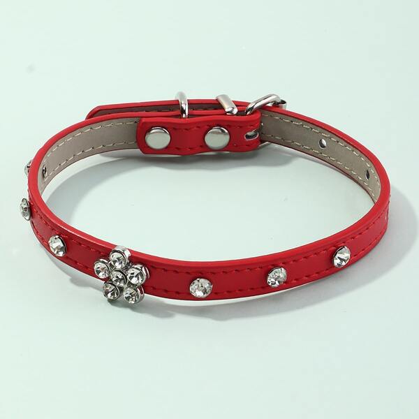 

1pc Rhinestone Decor PU Cat Collar, Red