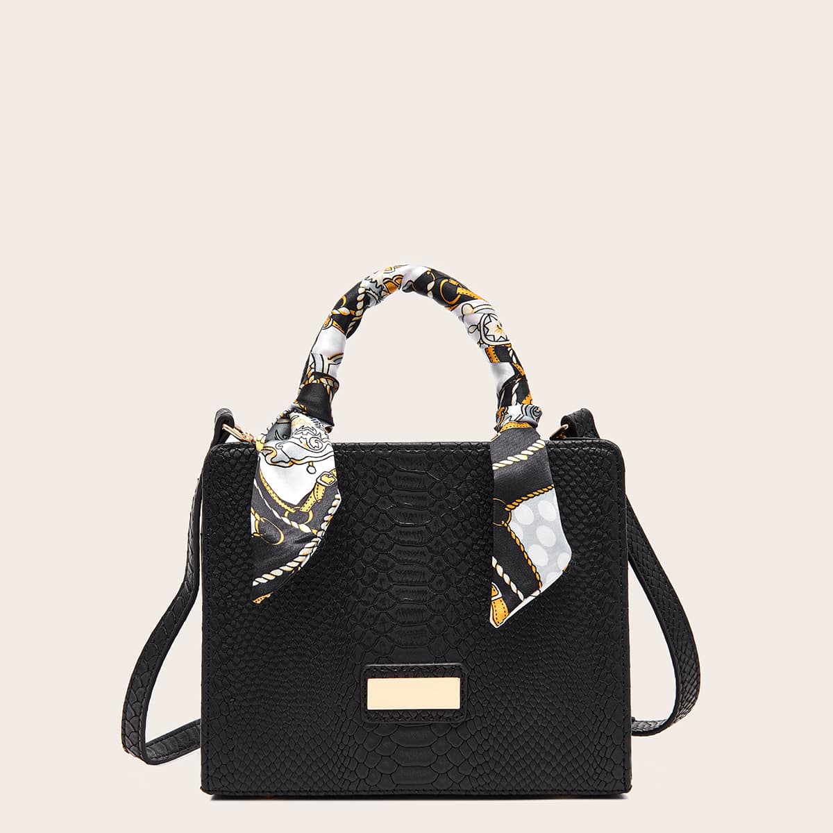 

Twilly Scarf Decor Snakeskin Embossed Satchel Bag, Black